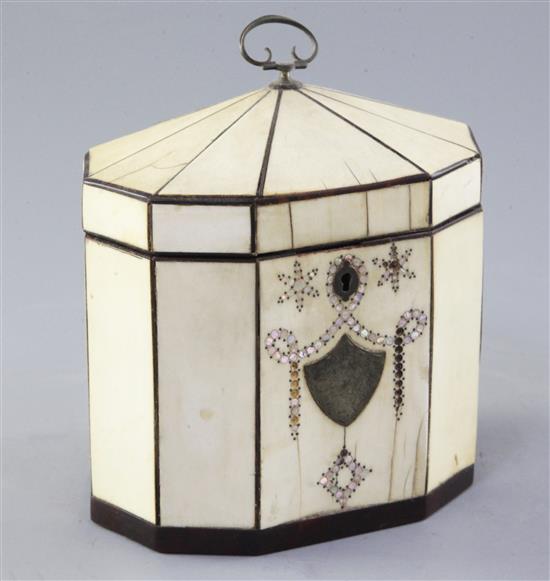 A George III inlaid ivory and tortoiseshell tea caddy, width 5.25in. depth 3.5in. height 5.5in.